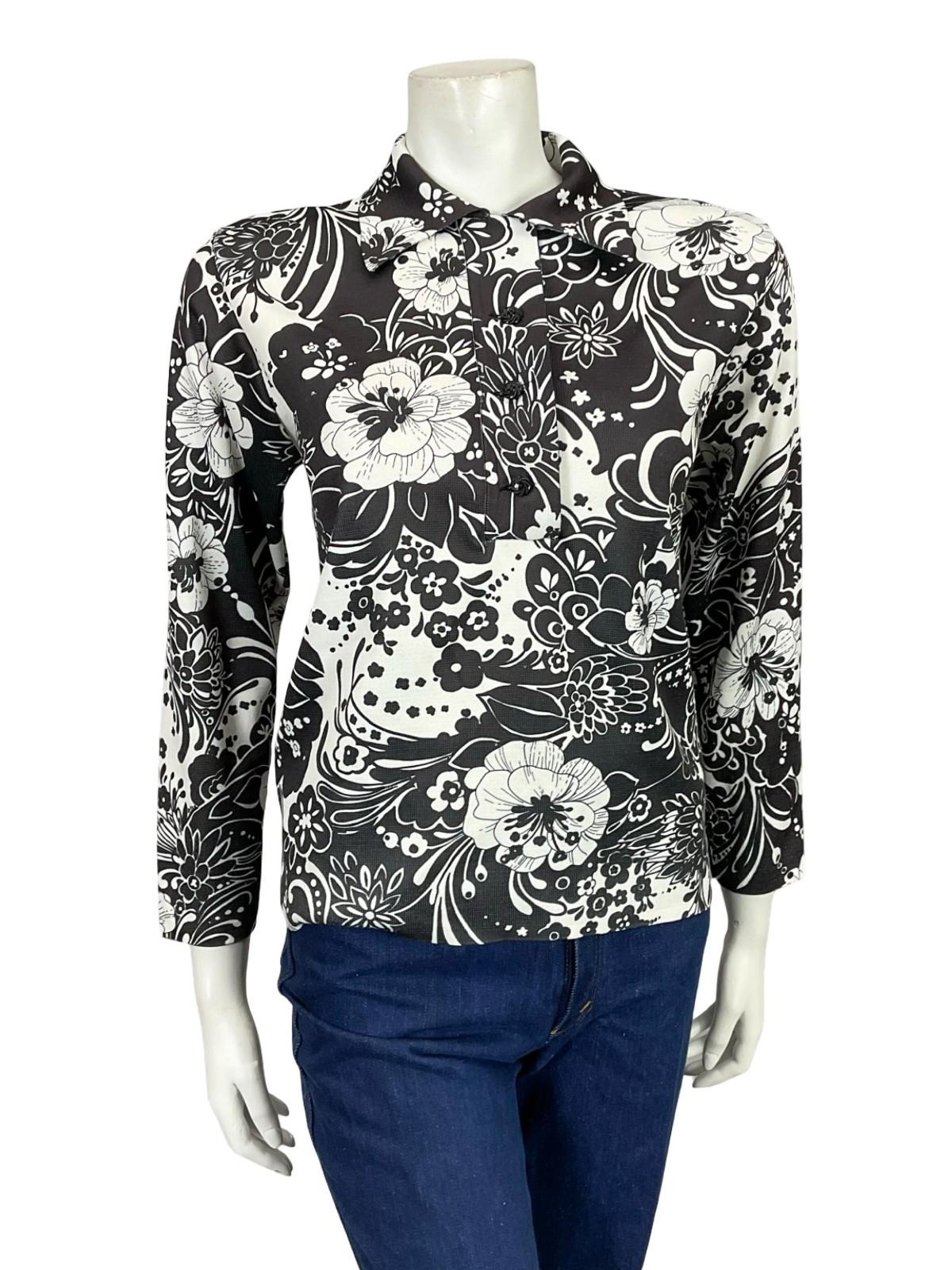 VTG 60S 70S MOD BLACK WHTIE PSYCHEDELIC FLORAL JOHNNY COLLAR SHIRT 14