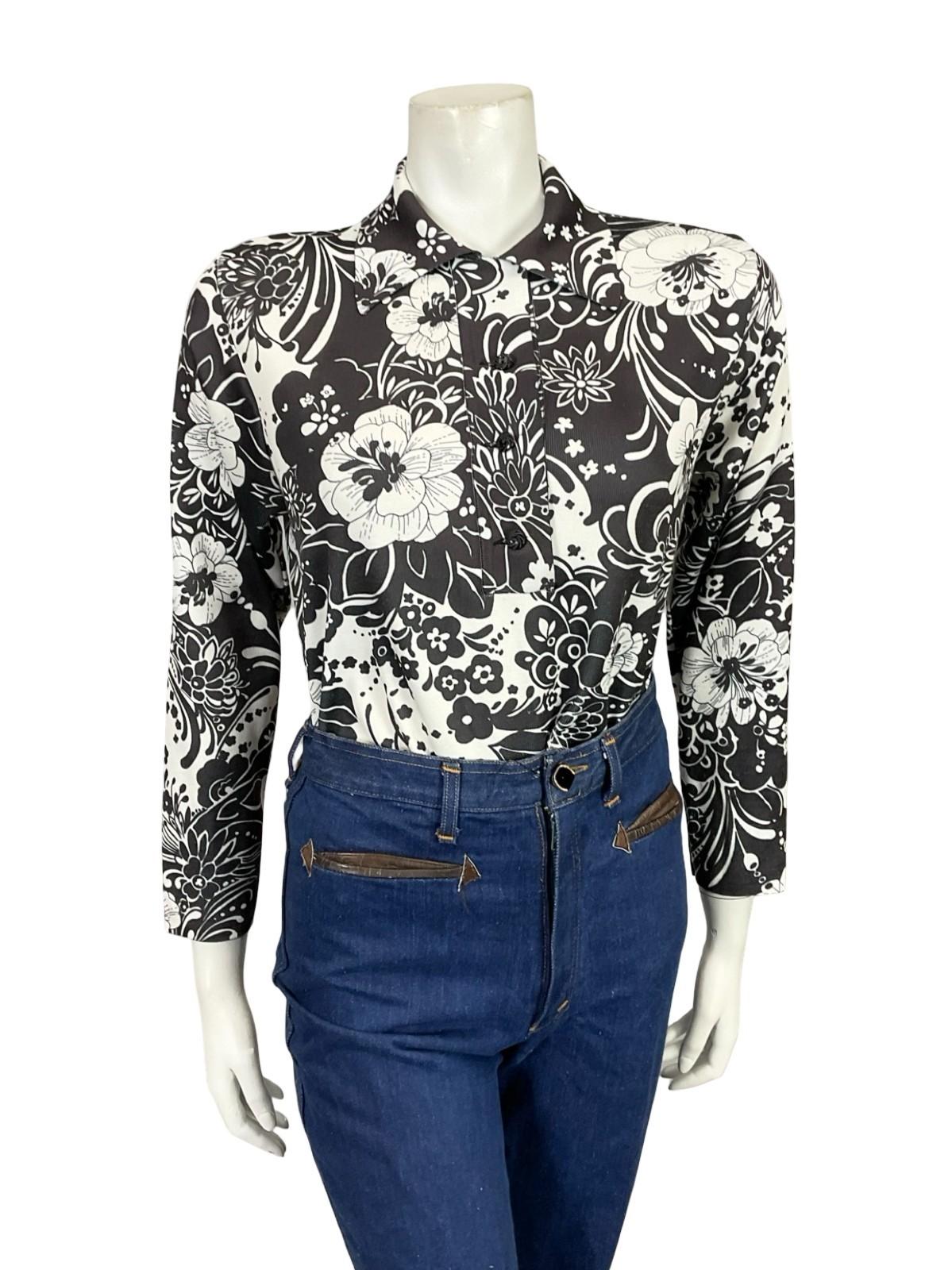 VTG 60S 70S MOD BLACK WHTIE PSYCHEDELIC FLORAL JOHNNY COLLAR SHIRT 14