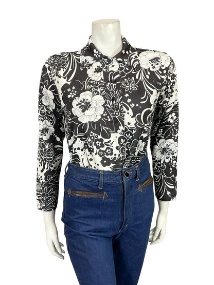 VTG 60S 70S MOD BLACK WHTIE PSYCHEDELIC FLORAL JOHNNY COLLAR SHIRT 14