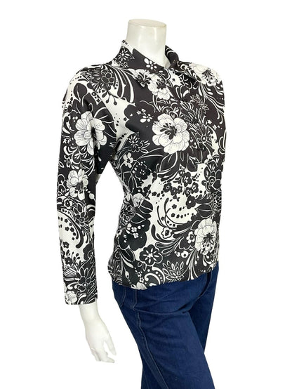VTG 60S 70S MOD BLACK WHTIE PSYCHEDELIC FLORAL JOHNNY COLLAR SHIRT 14