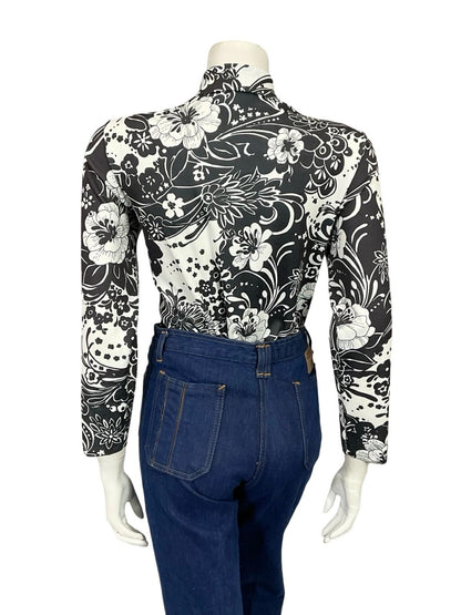 VTG 60S 70S MOD BLACK WHTIE PSYCHEDELIC FLORAL JOHNNY COLLAR SHIRT 14