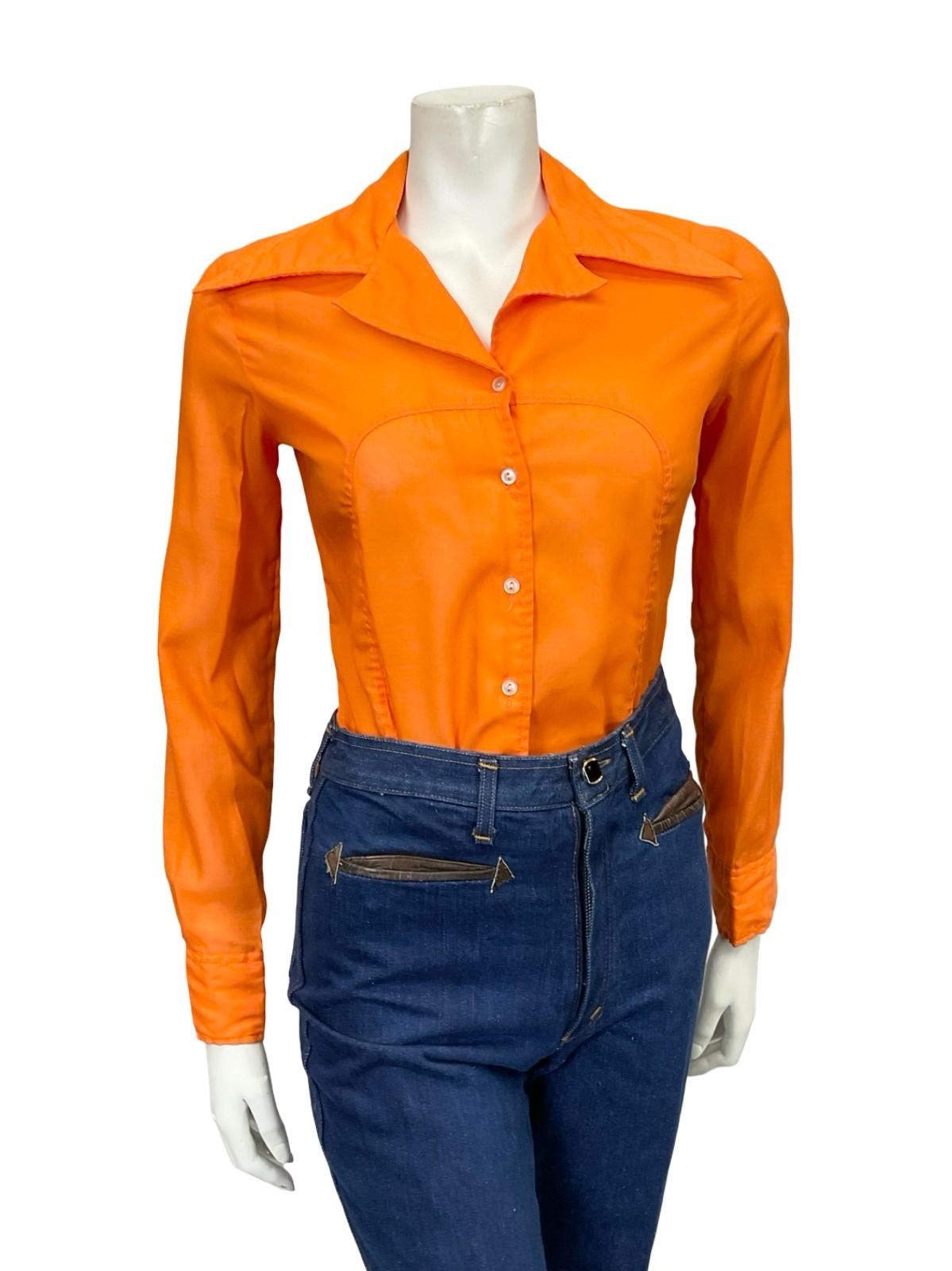 VTG 60S 70S BRIGHT ORANGE MOD SPACE AGE DAGGER COLLAR MONOCHROME SHIRT 8