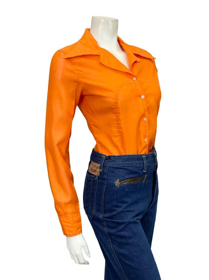 VTG 60S 70S BRIGHT ORANGE MOD SPACE AGE DAGGER COLLAR MONOCHROME SHIRT 8
