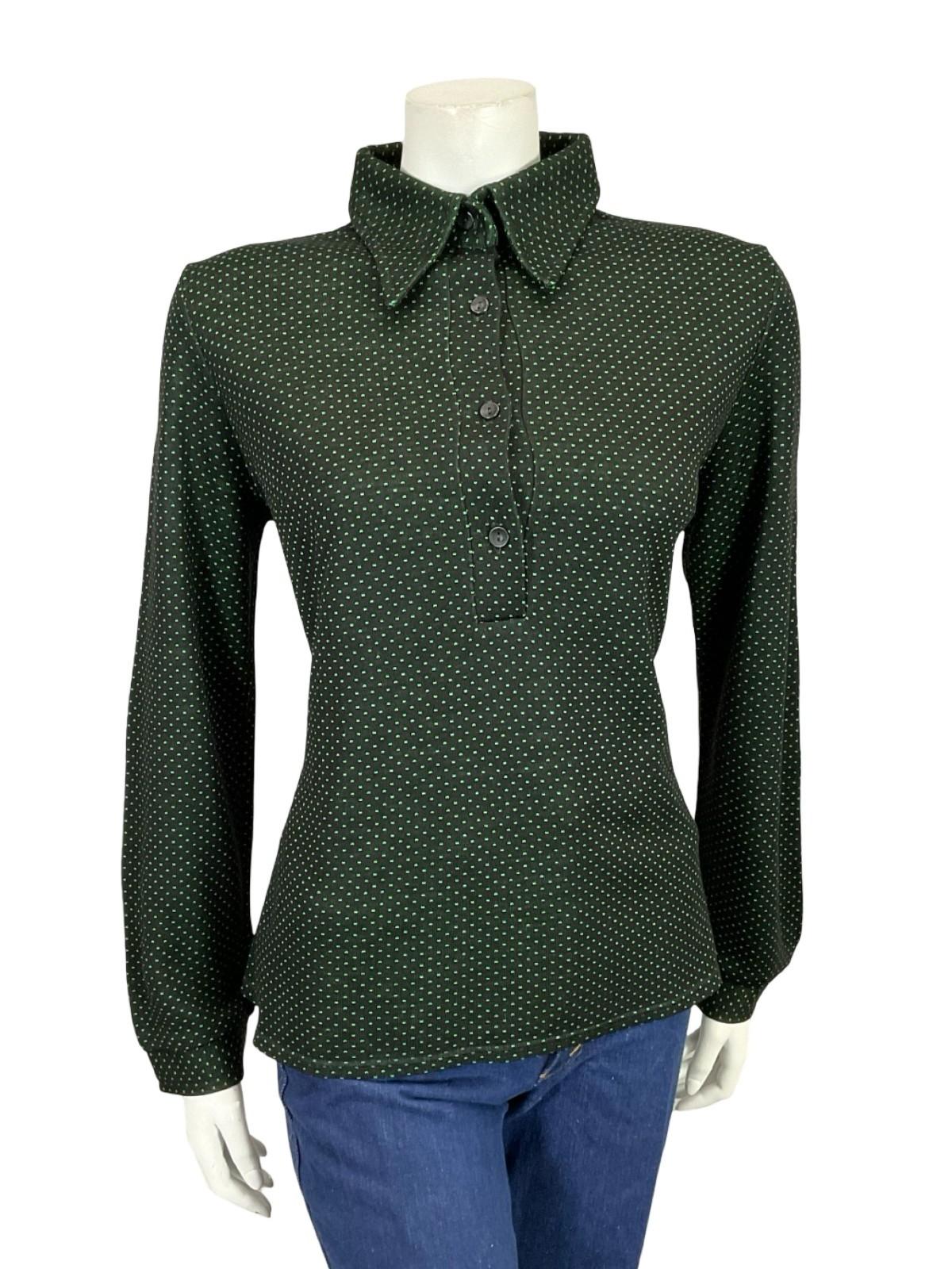 VTG 60S 70S BLACK GREEN GEOMETRIC POLKA DOT DAGER COLLAR MOD SHIRT 16