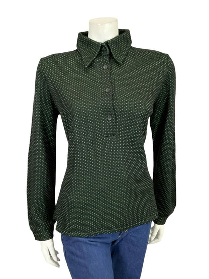VTG 60S 70S BLACK GREEN GEOMETRIC POLKA DOT DAGER COLLAR MOD SHIRT 16