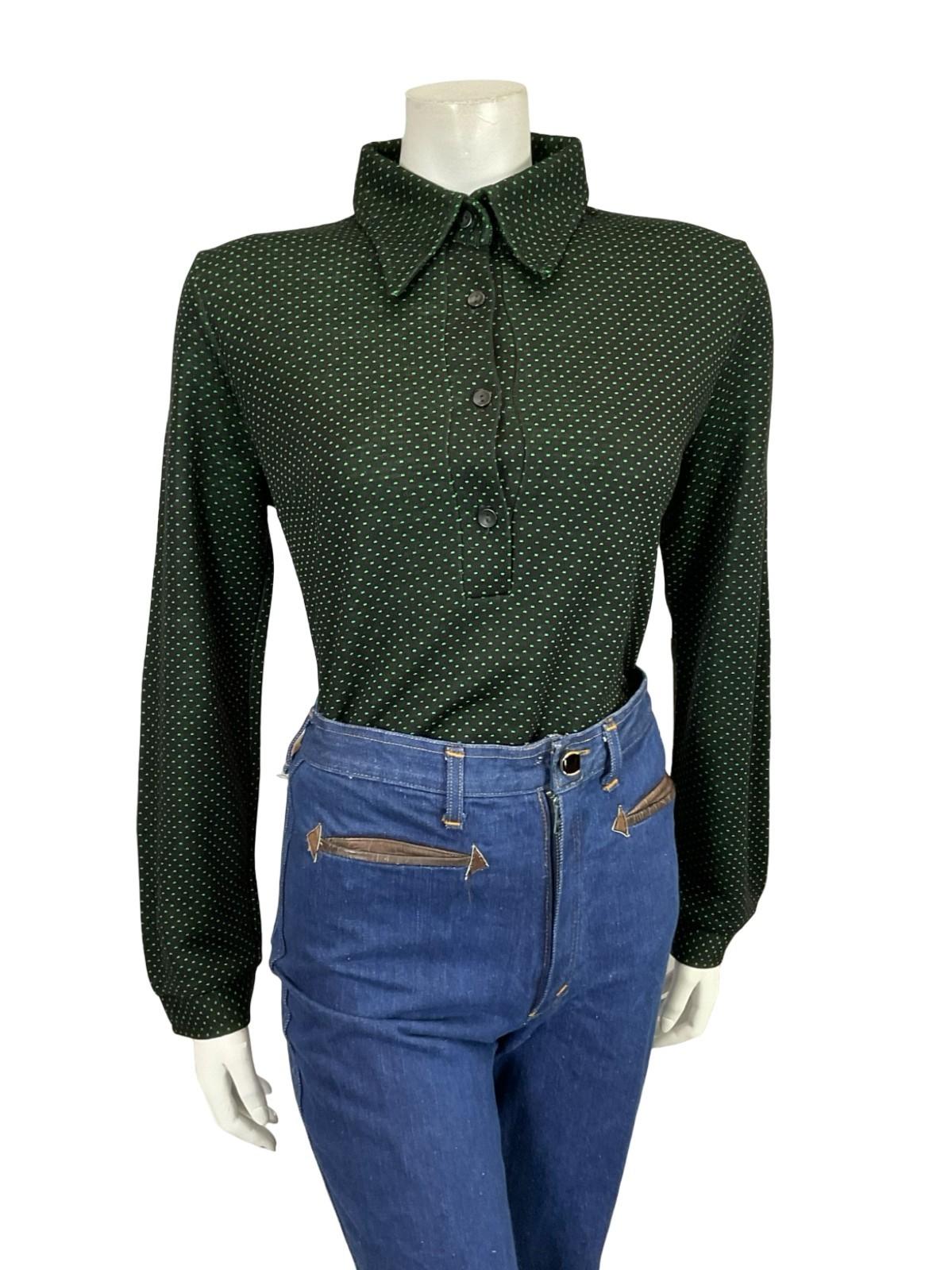 VTG 60S 70S BLACK GREEN GEOMETRIC POLKA DOT DAGER COLLAR MOD SHIRT 16