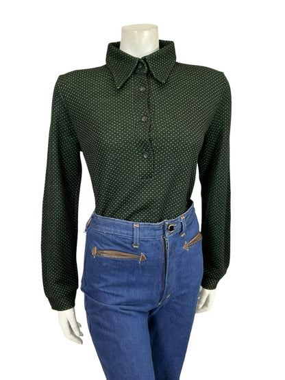 VTG 60S 70S BLACK GREEN GEOMETRIC POLKA DOT DAGER COLLAR MOD SHIRT 16