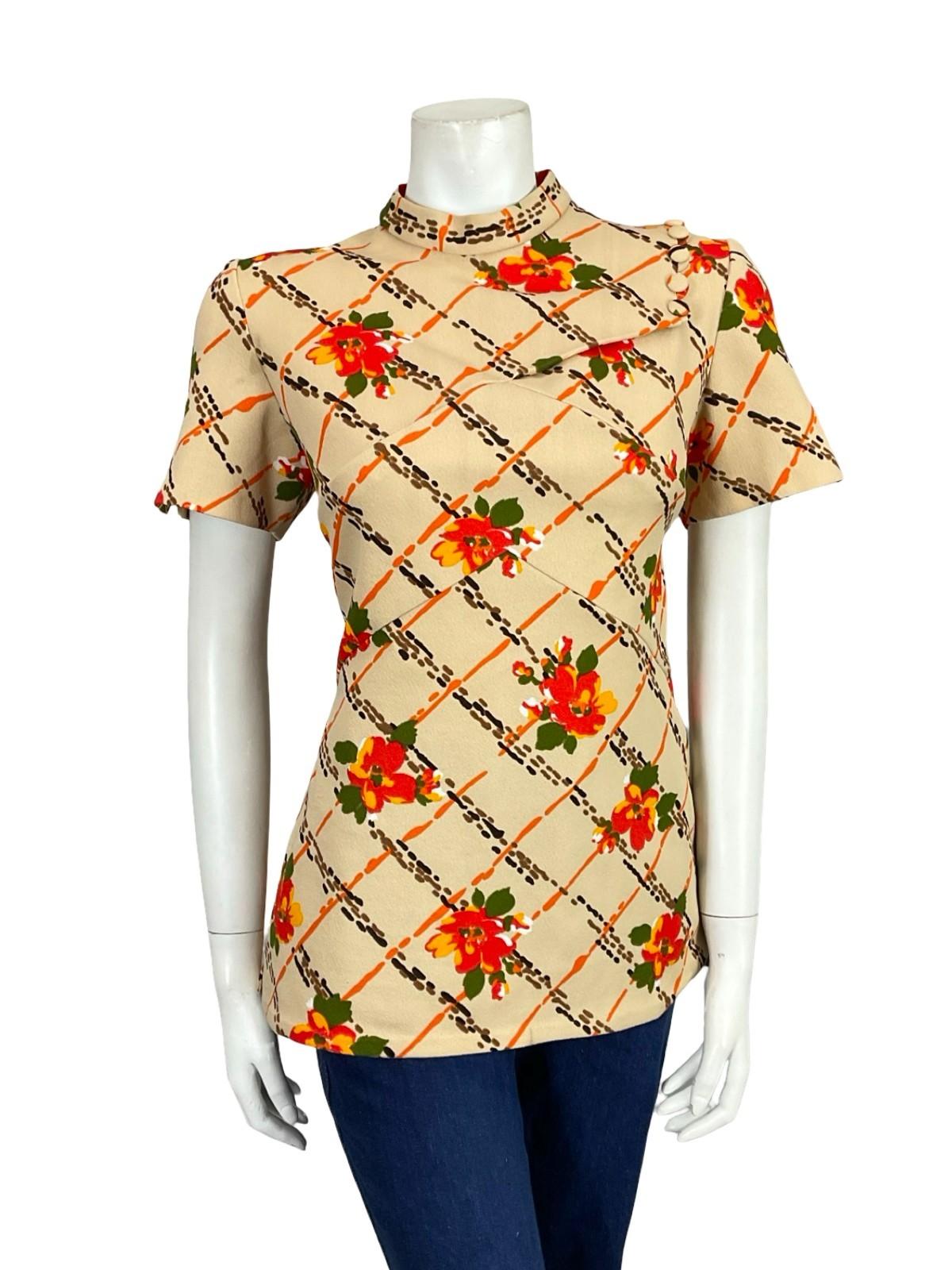VTG 60S 70S BEIGE ORANGE BROWN GEOMETRIC FLORAL MOD FUNNEL NECK TUNIC TOP 10