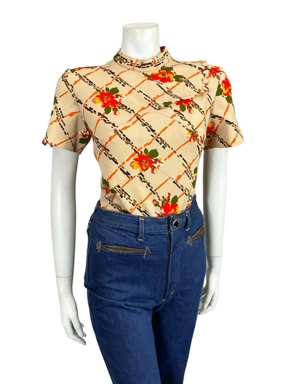 VTG 60S 70S BEIGE ORANGE BROWN GEOMETRIC FLORAL MOD FUNNEL NECK TUNIC TOP 10
