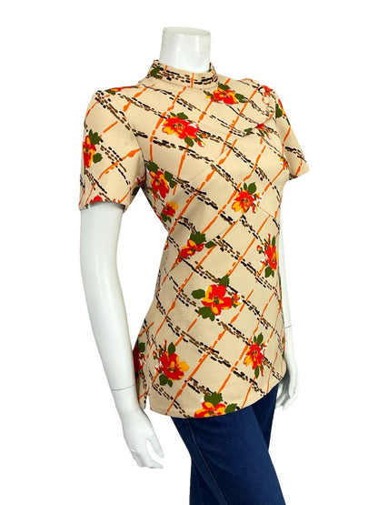 VTG 60S 70S BEIGE ORANGE BROWN GEOMETRIC FLORAL MOD FUNNEL NECK TUNIC TOP 10