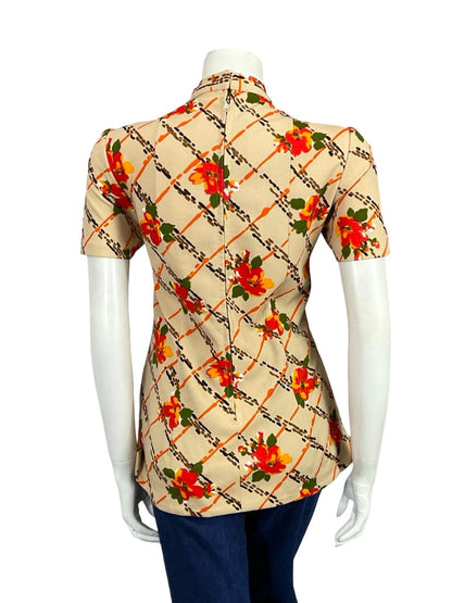 VTG 60S 70S BEIGE ORANGE BROWN GEOMETRIC FLORAL MOD FUNNEL NECK TUNIC TOP 10