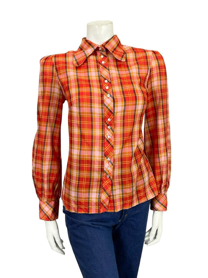 VTG 60S 70S RED PINK YELLOW BLACK DOG EAR COLLAR MOD PLAID SHIRT 10 12