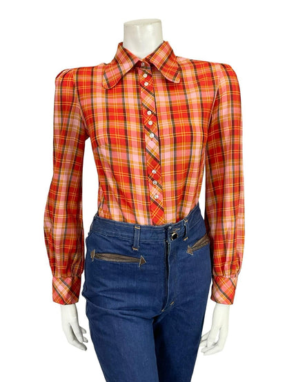 VTG 60S 70S RED PINK YELLOW BLACK DOG EAR COLLAR MOD PLAID SHIRT 10 12