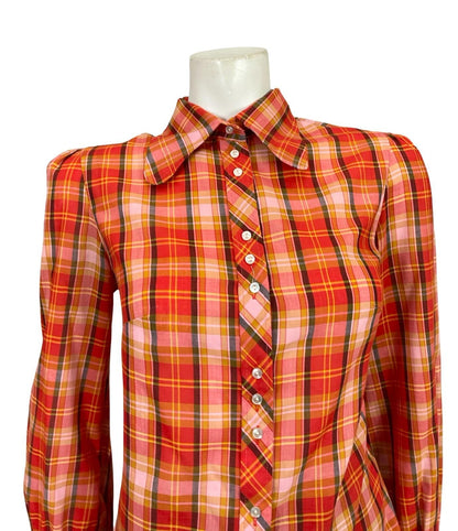 VTG 60S 70S RED PINK YELLOW BLACK DOG EAR COLLAR MOD PLAID SHIRT 10 12