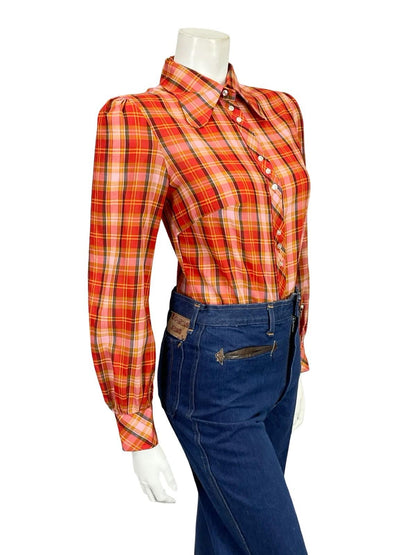 VTG 60S 70S RED PINK YELLOW BLACK DOG EAR COLLAR MOD PLAID SHIRT 10 12