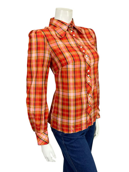 VTG 60S 70S RED PINK YELLOW BLACK DOG EAR COLLAR MOD PLAID SHIRT 10 12
