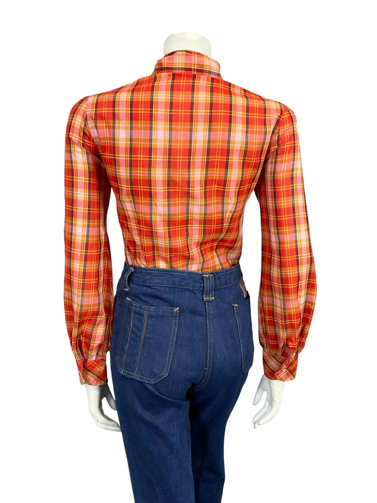 VTG 60S 70S RED PINK YELLOW BLACK DOG EAR COLLAR MOD PLAID SHIRT 10 12