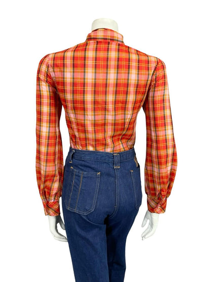 VTG 60S 70S RED PINK YELLOW BLACK DOG EAR COLLAR MOD PLAID SHIRT 10 12