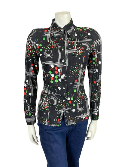 VTG 60S 70S BLACK RED GREEN BLUE PEROCHE MOD GEOMETRIC DAGGER COLLAR SHIRT 8