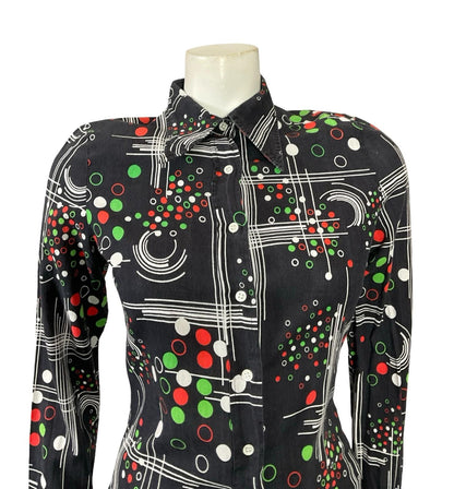VTG 60S 70S BLACK RED GREEN BLUE PEROCHE MOD GEOMETRIC DAGGER COLLAR SHIRT 8