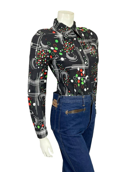 VTG 60S 70S BLACK RED GREEN BLUE PEROCHE MOD GEOMETRIC DAGGER COLLAR SHIRT 8