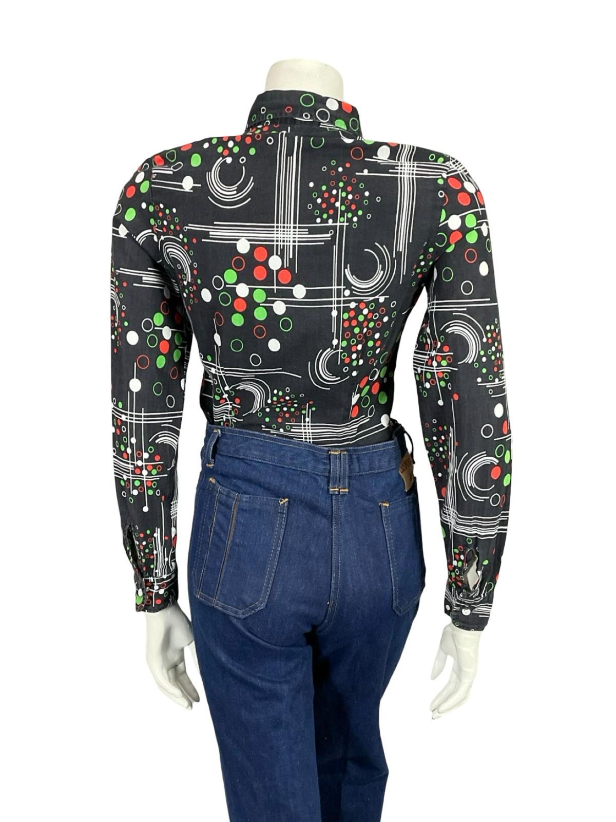 VTG 60S 70S BLACK RED GREEN BLUE PEROCHE MOD GEOMETRIC DAGGER COLLAR SHIRT 8