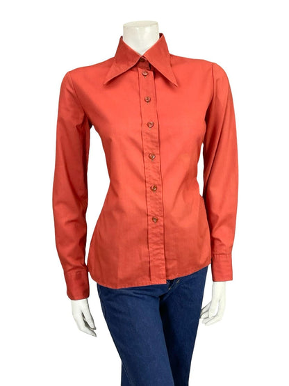 VTG 60S 70S RUSTY RED BROWN MOD DAGGER COLLAR MONOCHROME SHIRT 10 12