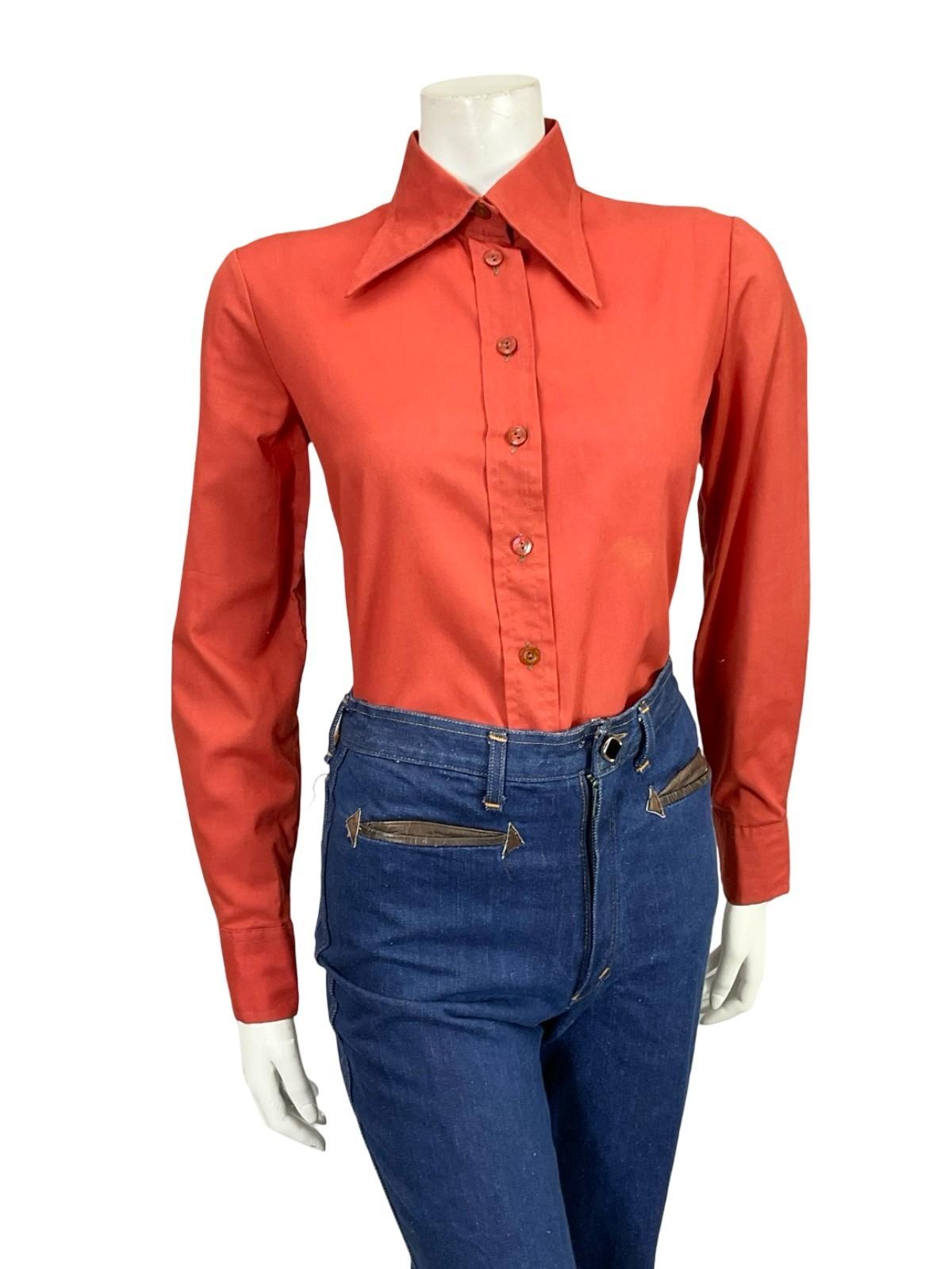 VTG 60S 70S RUSTY RED BROWN MOD DAGGER COLLAR MONOCHROME SHIRT 10 12