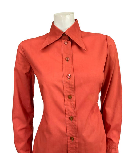 VTG 60S 70S RUSTY RED BROWN MOD DAGGER COLLAR MONOCHROME SHIRT 10 12