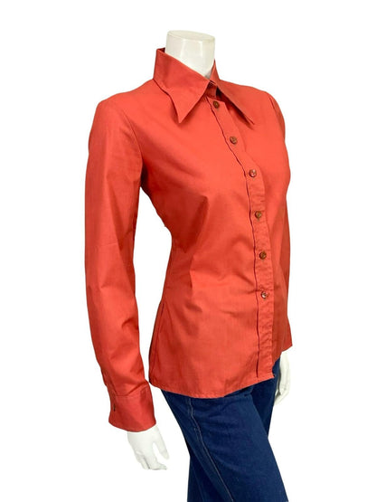 VTG 60S 70S RUSTY RED BROWN MOD DAGGER COLLAR MONOCHROME SHIRT 10 12