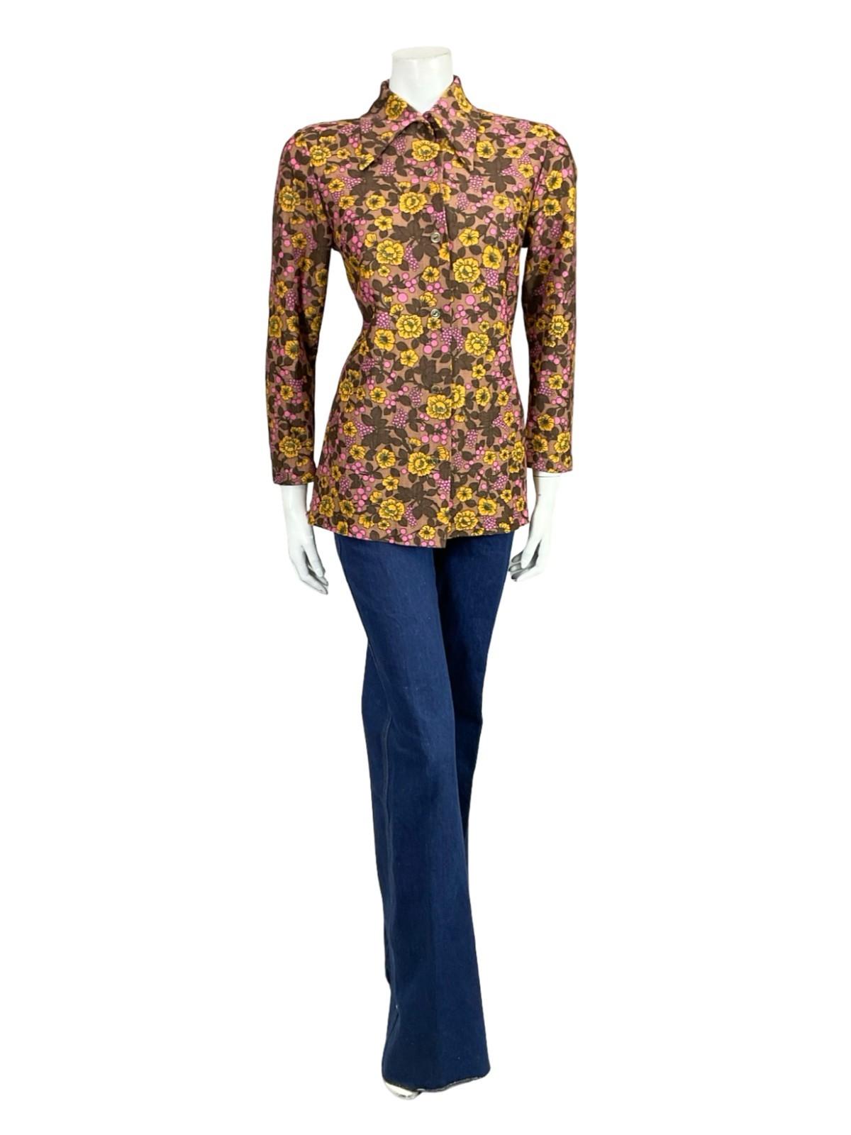 VTG 60S 70S BROWN PINK YELLOW FLORAL DAGGER COLLAR MOD SHIRT 12