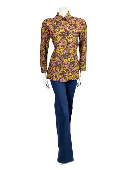 VTG 60S 70S BROWN PINK YELLOW FLORAL DAGGER COLLAR MOD SHIRT 12