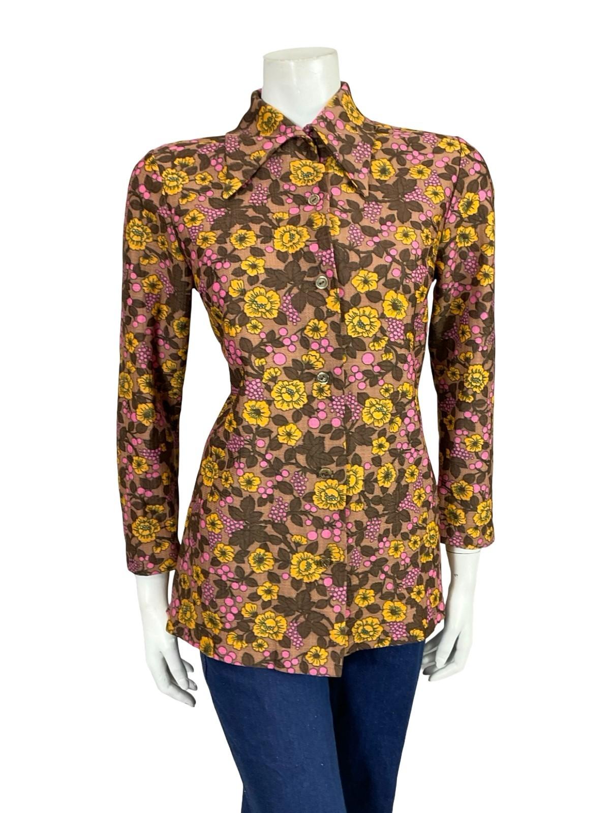 VTG 60S 70S BROWN PINK YELLOW FLORAL DAGGER COLLAR MOD SHIRT 12
