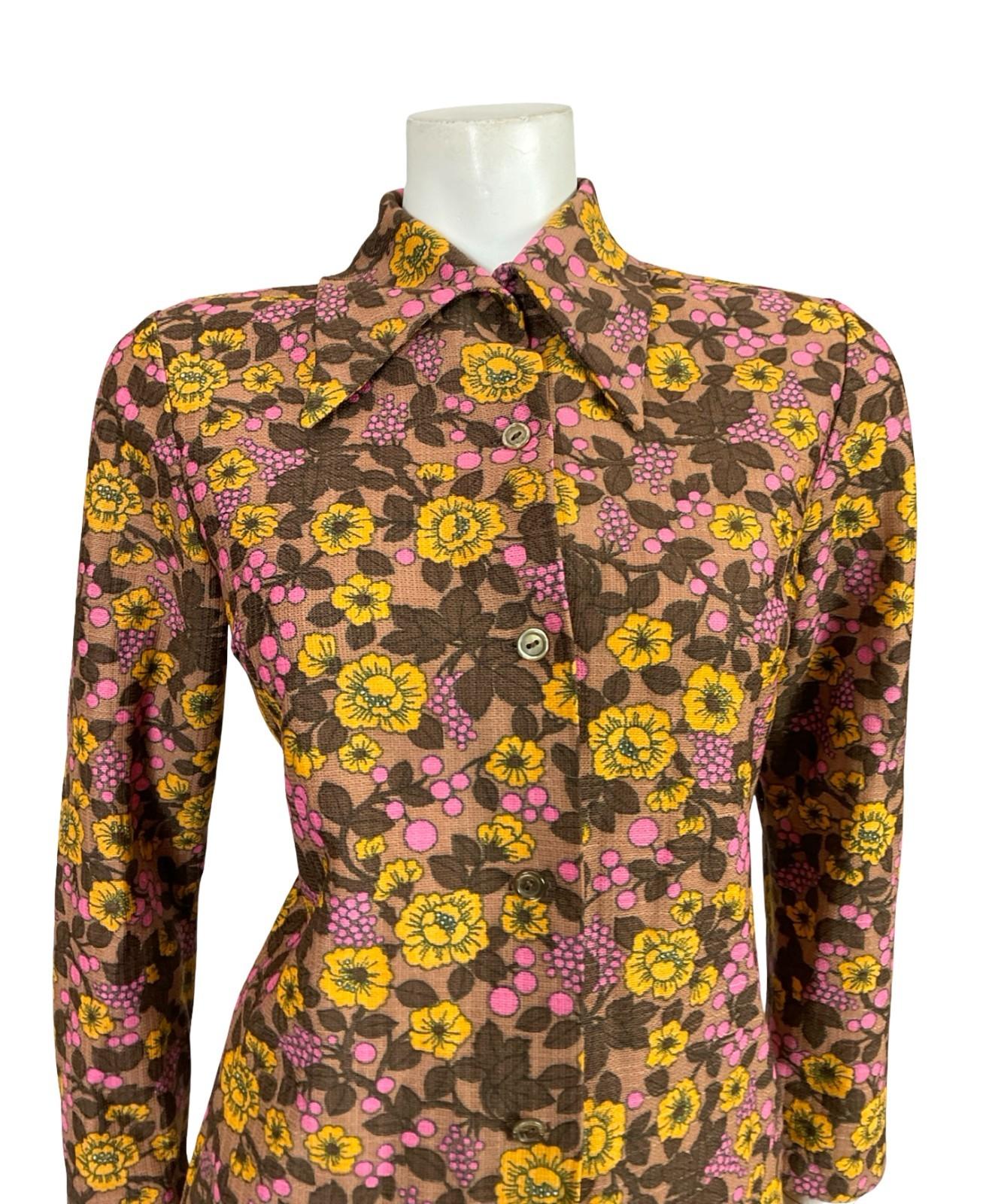 VTG 60S 70S BROWN PINK YELLOW FLORAL DAGGER COLLAR MOD SHIRT 12