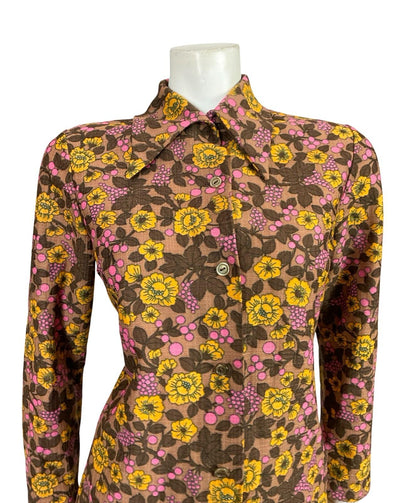 VTG 60S 70S BROWN PINK YELLOW FLORAL DAGGER COLLAR MOD SHIRT 12