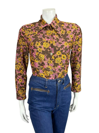 VTG 60S 70S BROWN PINK YELLOW FLORAL DAGGER COLLAR MOD SHIRT 12