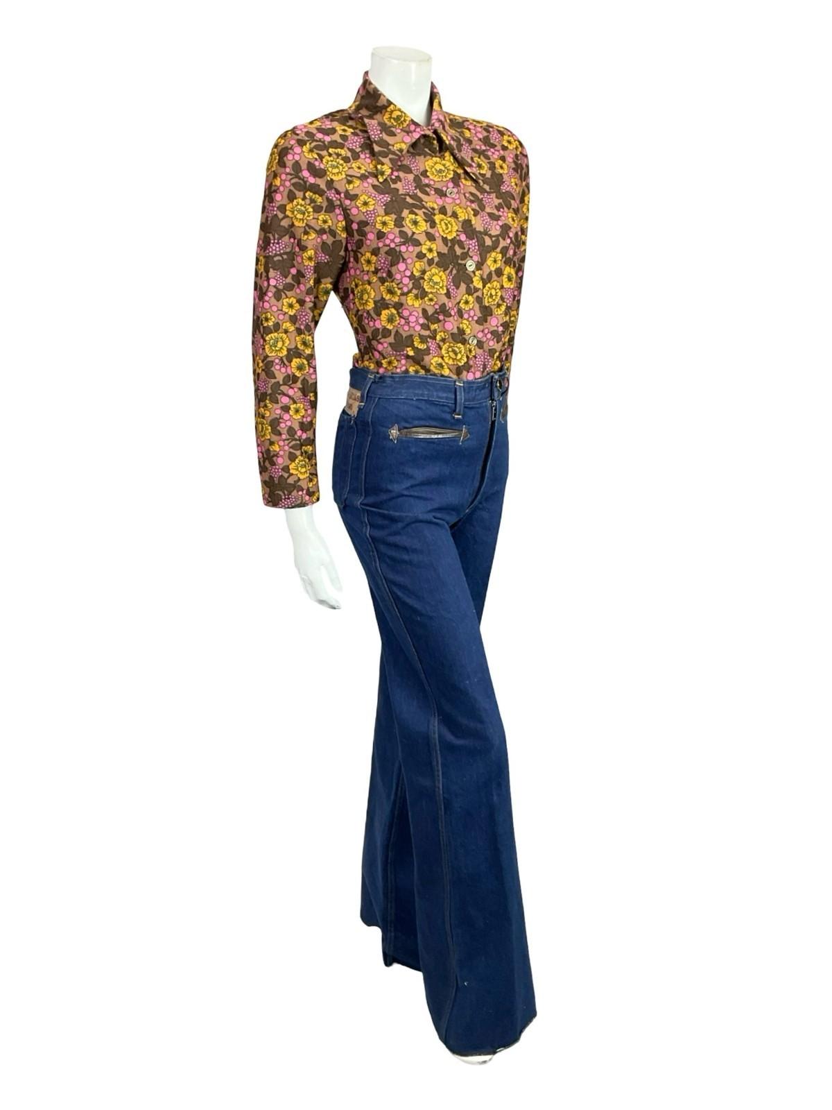 VTG 60S 70S BROWN PINK YELLOW FLORAL DAGGER COLLAR MOD SHIRT 12