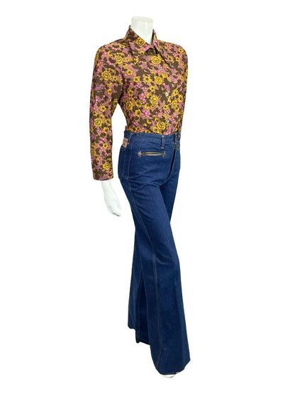 VTG 60S 70S BROWN PINK YELLOW FLORAL DAGGER COLLAR MOD SHIRT 12