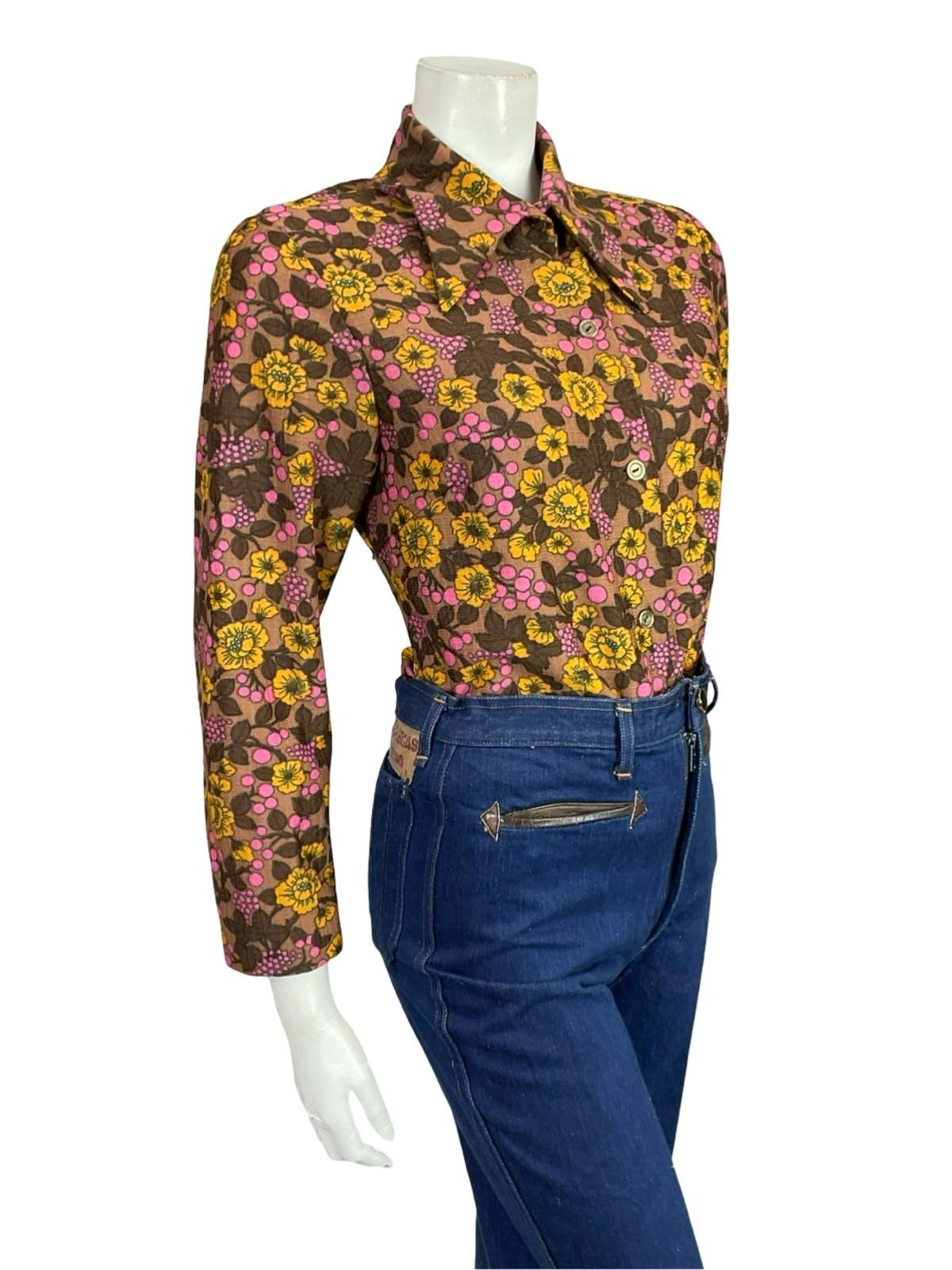 VTG 60S 70S BROWN PINK YELLOW FLORAL DAGGER COLLAR MOD SHIRT 12
