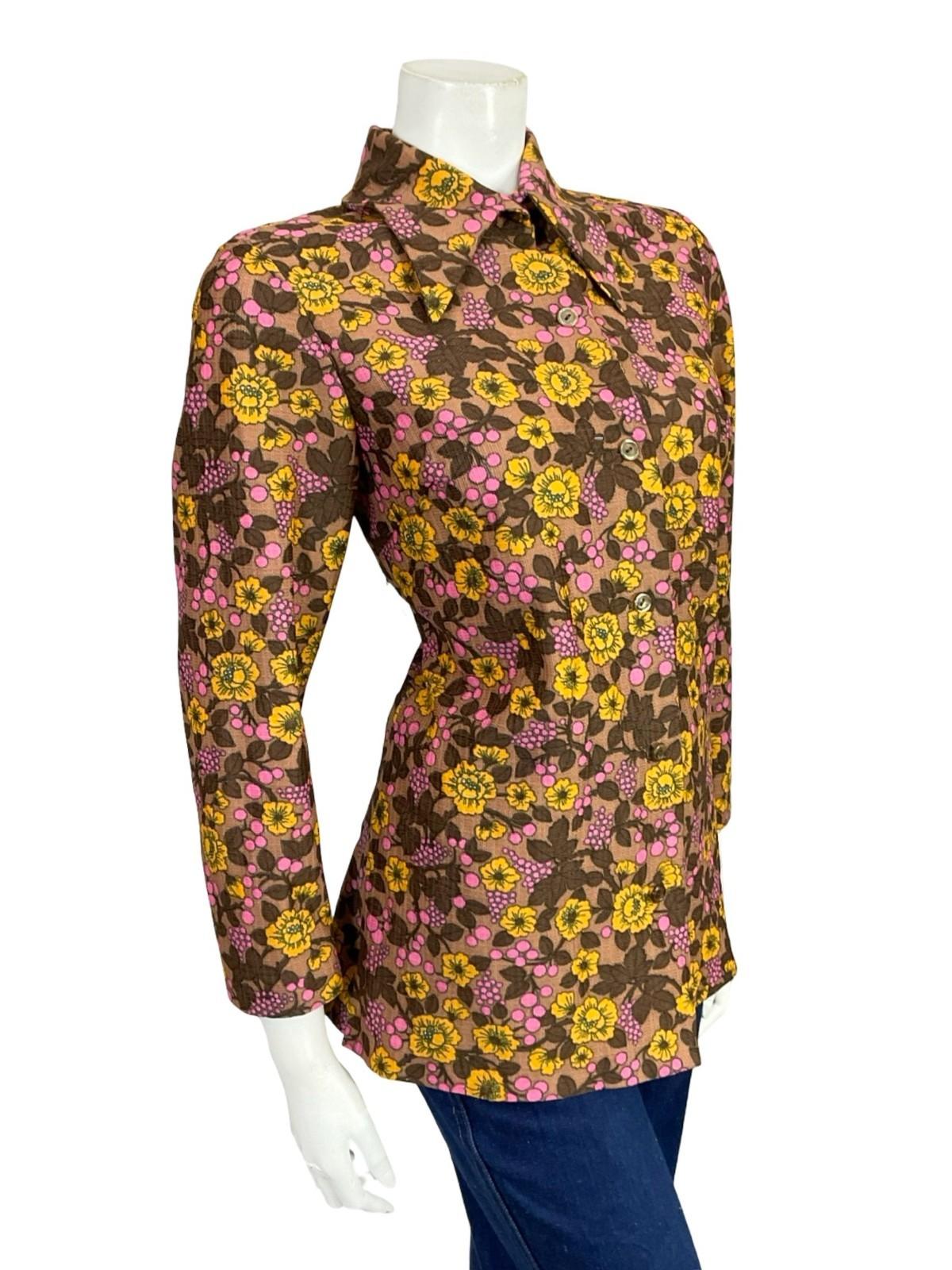 VTG 60S 70S BROWN PINK YELLOW FLORAL DAGGER COLLAR MOD SHIRT 12