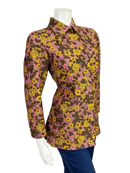 VTG 60S 70S BROWN PINK YELLOW FLORAL DAGGER COLLAR MOD SHIRT 12