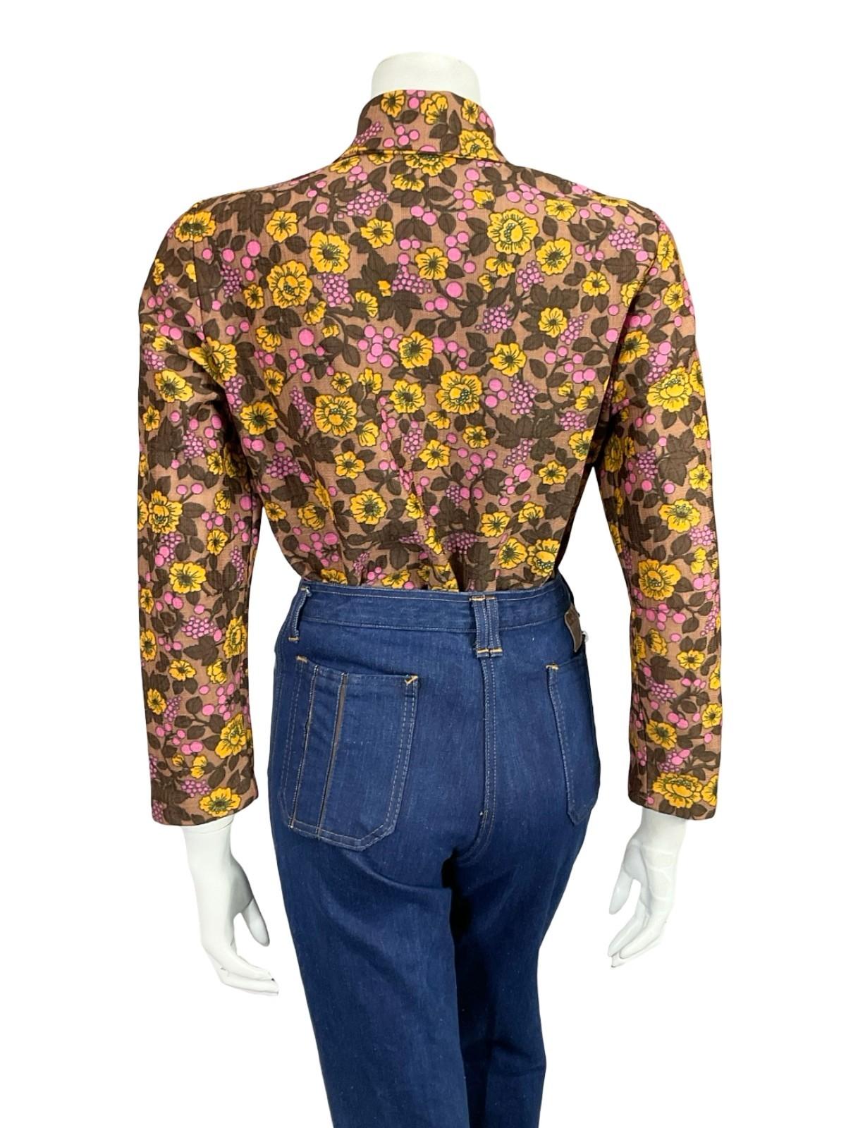 VTG 60S 70S BROWN PINK YELLOW FLORAL DAGGER COLLAR MOD SHIRT 12