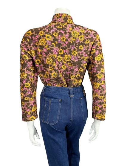 VTG 60S 70S BROWN PINK YELLOW FLORAL DAGGER COLLAR MOD SHIRT 12