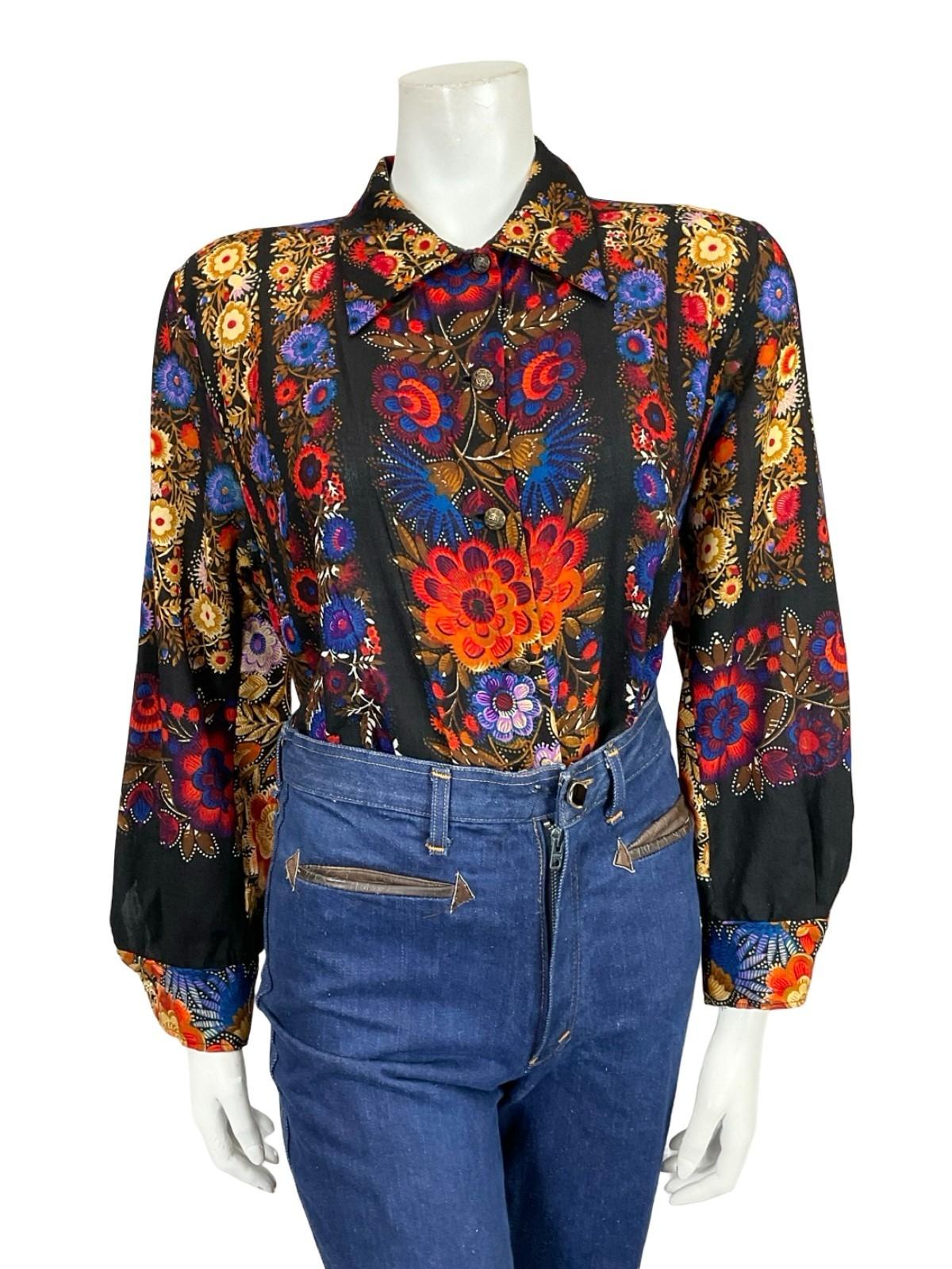 VTG 60S 70S BLACK BLUE RED BEIGE FLORAL DAGGER COLLAR PSYCHEDELIC SHIRT 16