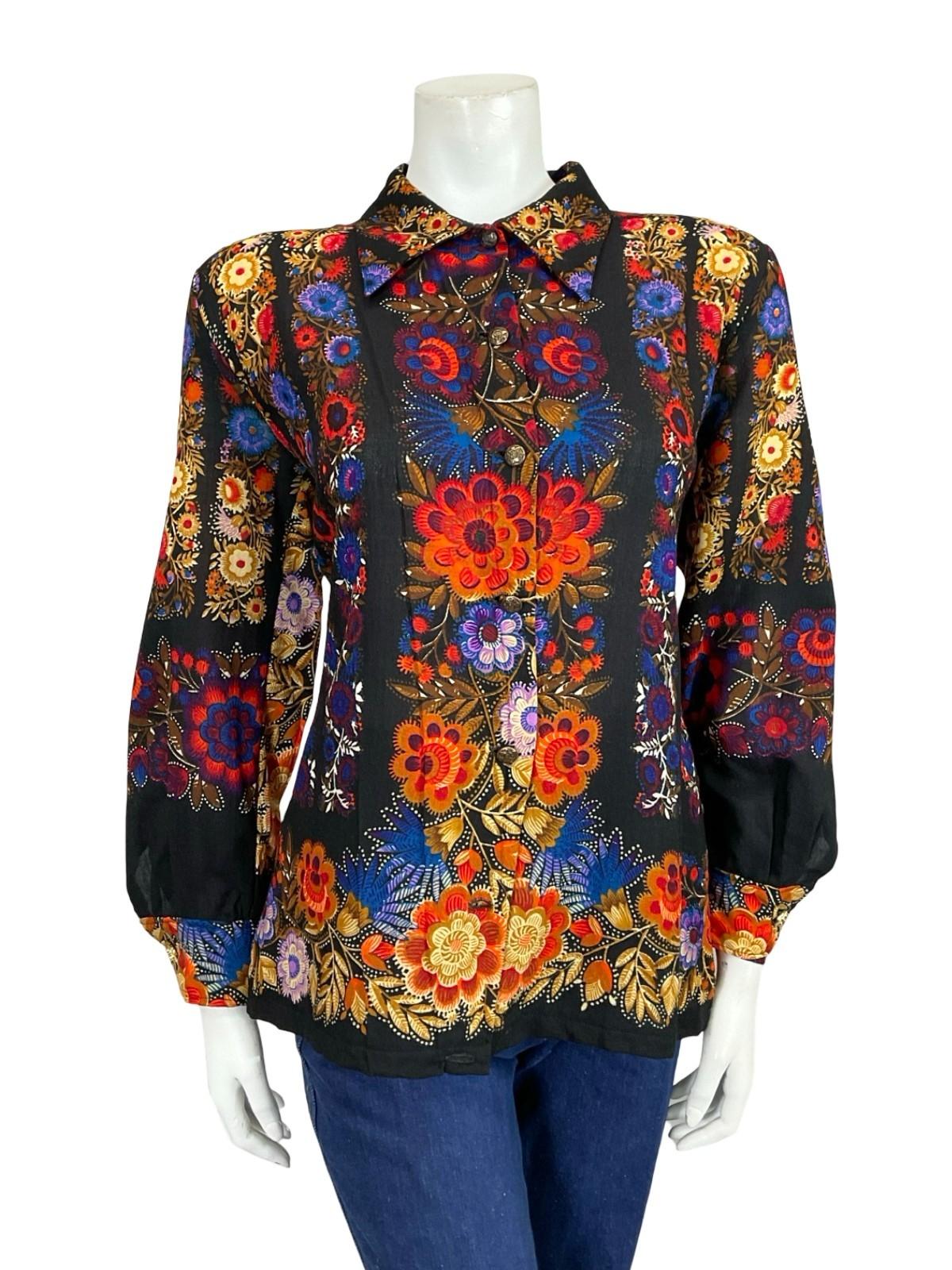 VTG 60S 70S BLACK BLUE RED BEIGE FLORAL DAGGER COLLAR PSYCHEDELIC SHIRT 16