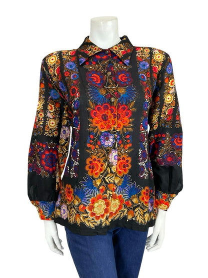 VTG 60S 70S BLACK BLUE RED BEIGE FLORAL DAGGER COLLAR PSYCHEDELIC SHIRT 16