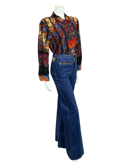 VTG 60S 70S BLACK BLUE RED BEIGE FLORAL DAGGER COLLAR PSYCHEDELIC SHIRT 16