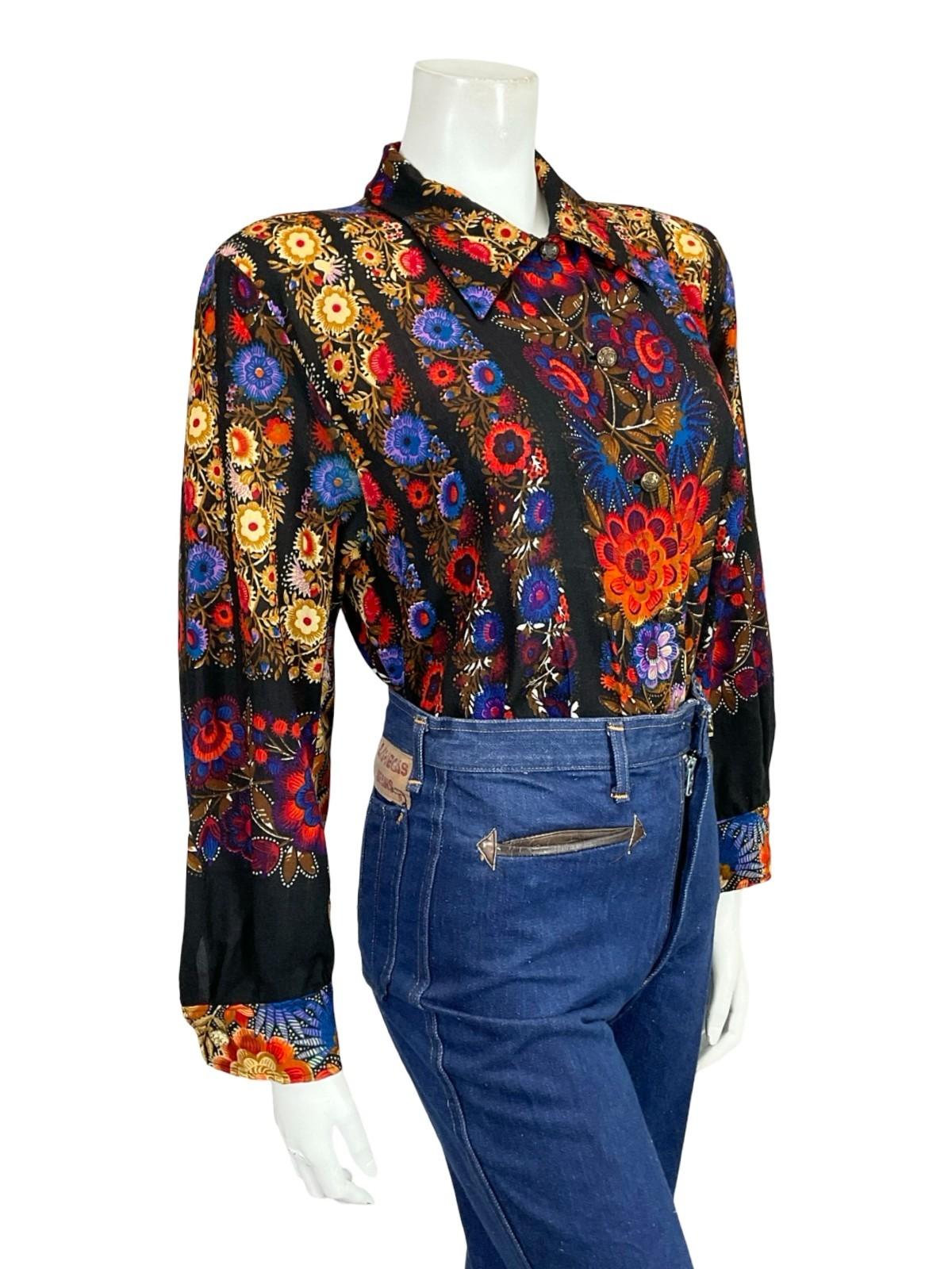 VTG 60S 70S BLACK BLUE RED BEIGE FLORAL DAGGER COLLAR PSYCHEDELIC SHIRT 16