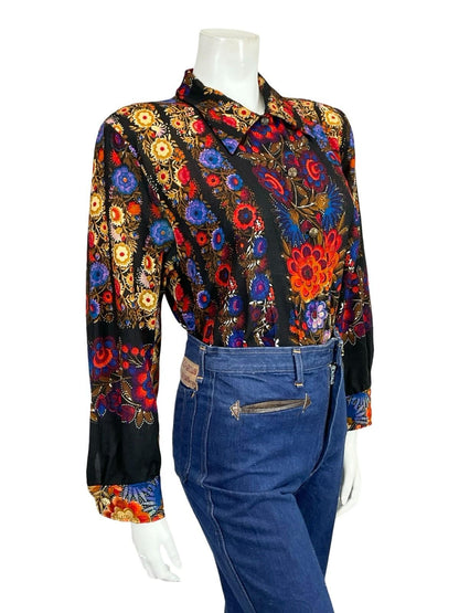 VTG 60S 70S BLACK BLUE RED BEIGE FLORAL DAGGER COLLAR PSYCHEDELIC SHIRT 16
