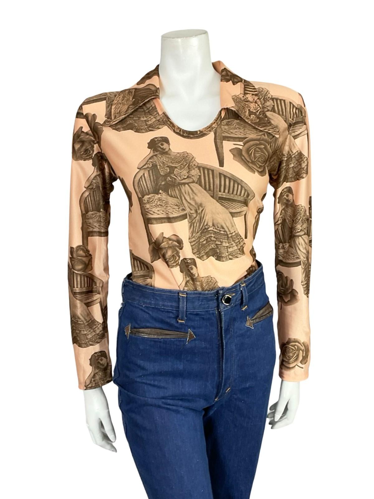 VTG 60S 70S BEIGE GREY EDWARDIAN LADY DOG ROSE GRAPHIC DAGGER T SHIRT 16